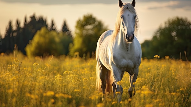 Foto mooi paard dat snel door een weide loopt close-up generatieve ai