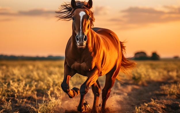 Mooi paard galoppeert in de weide bij zonsondergang.