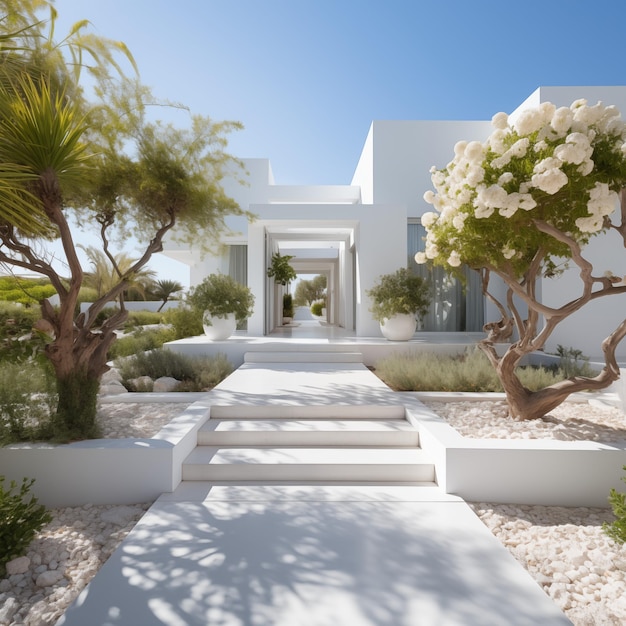 Mooi pad naar het huis met tuin in minimale stijl.