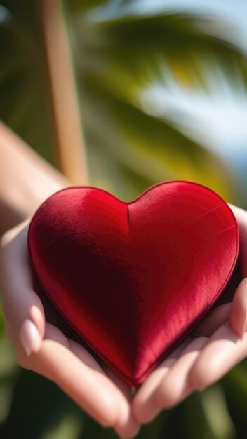 Mooi pluizige omvangrijke rode fluweel hart ligt op palm in close-up Vrouwen hand houdt hart