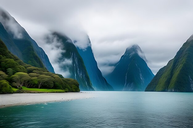 Mooi populairste fjord Milford Sound-landschap op regenachtige dag in Zuidwest-Nieuw-Zeeland