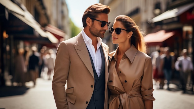 Mooi portret elegant paar dat luxe kleding draagt en in de straat van Parijs loopt