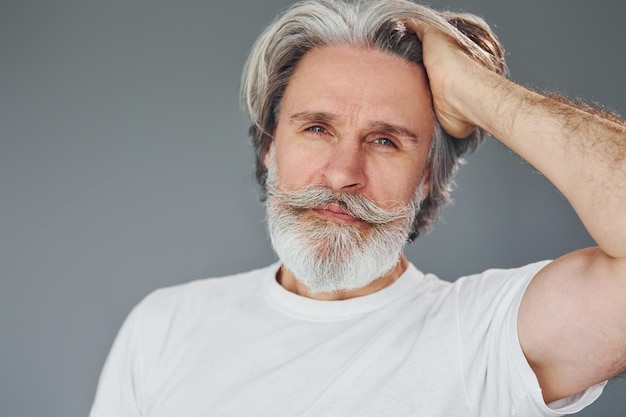 Mooi portret Stijlvolle moderne senior man met grijs haar en baard is binnenshuis