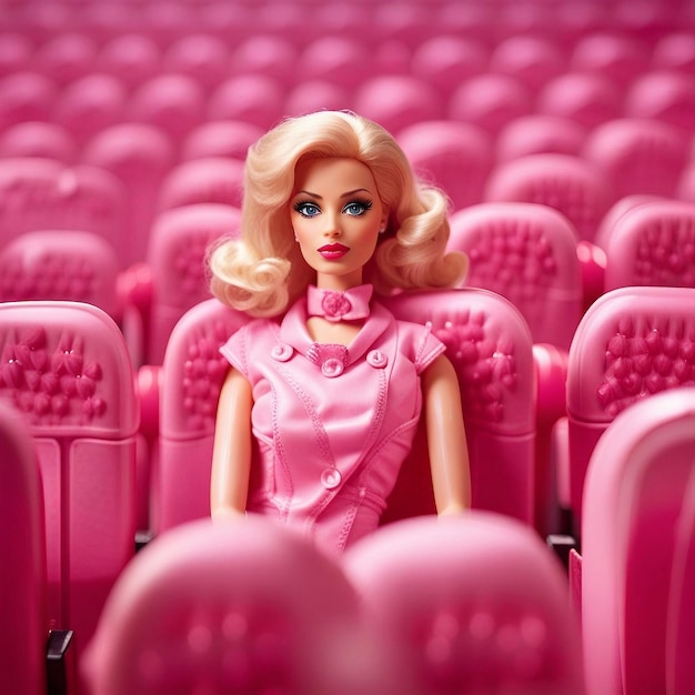 Mooi portret van een plastic barbie pop in de bioscoop