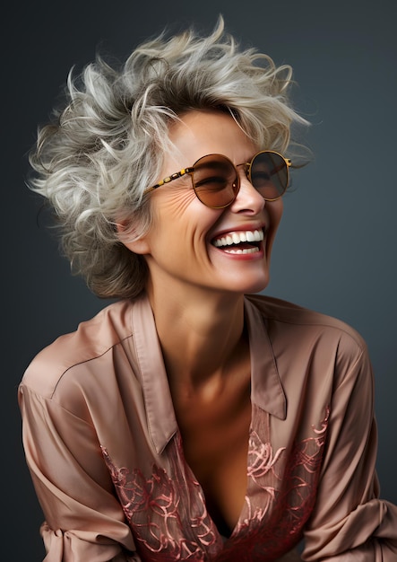 Foto mooi portret voor blanke oudere senior vrouw met bril in roze shirt glimlacht gelukkig