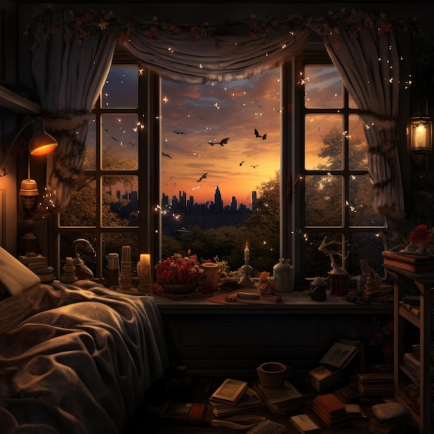 mooi raam in een kamer met een magisch interieur in de avond