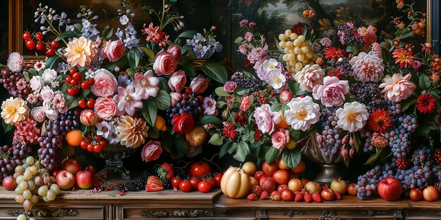 Mooi rijk stilleven met fruit en bloemen.