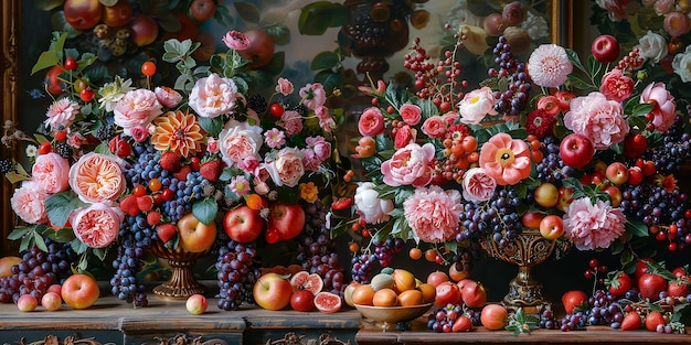 Mooi rijk stilleven met fruit en bloemen.