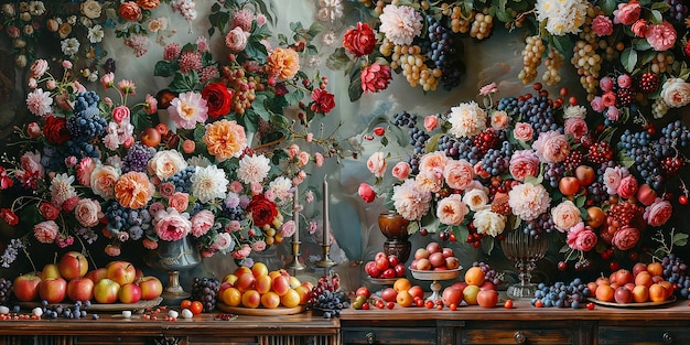 Mooi rijk stilleven met fruit en bloemen.