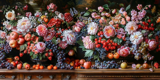 Mooi rijk stilleven met fruit en bloemen.