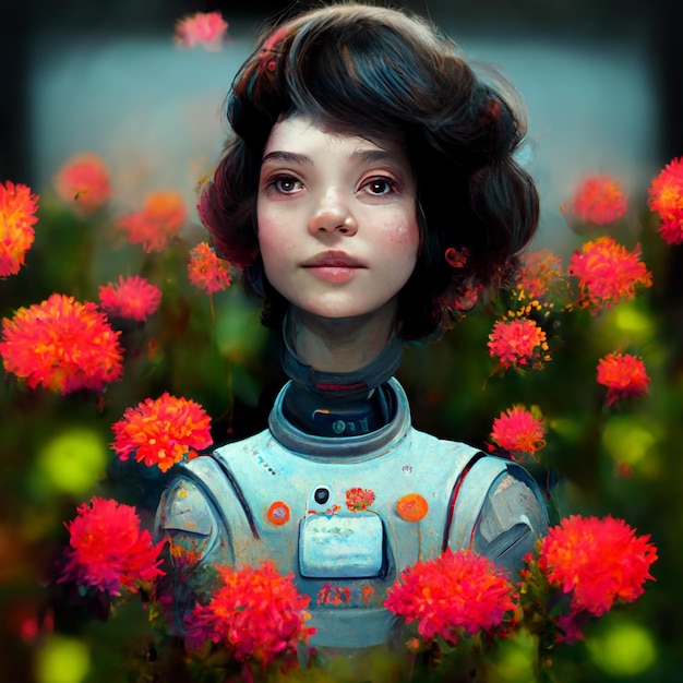 Mooi robotachtig meisje in een tuin met bloem