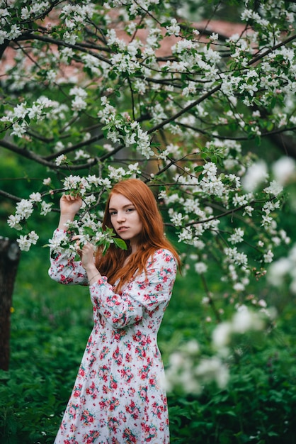 Mooi roodharig meisje in een witte jurk onder bloeiende appelbomen in de tuin