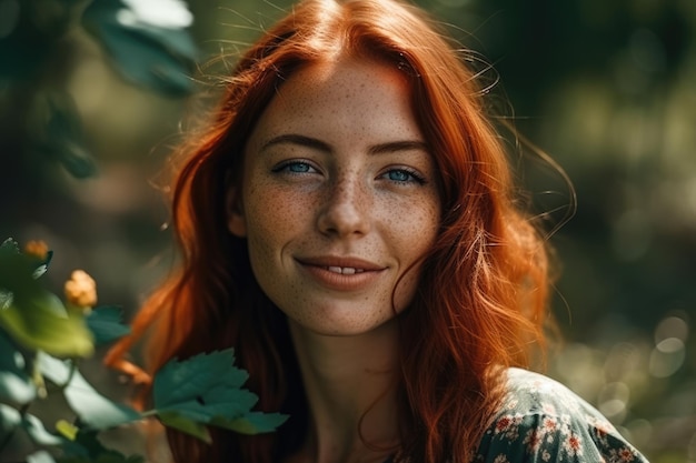 Mooi roodharig meisje kijkt naar de camera omringd door bomen planten en bloemen in een bos