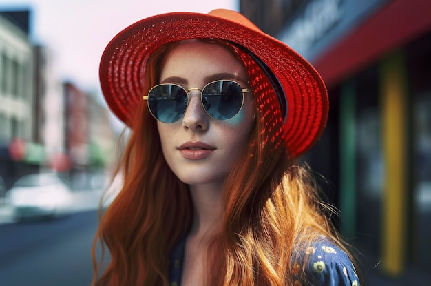 Foto mooi roodharig meisje van in de twintig met een hoed en zonnebril in een modieuze jurk in de straten van new york in het zonlicht