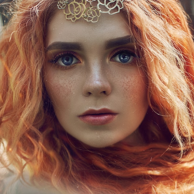 Mooi roodharig Noors meisje met grote ogen en sproeten op gezicht in het bos. Portret van de close-up van de roodharigevrouw in aard, fabelachtig geheimzinnig verschijning lang golvend rood haar in de zon. Haarverzorging