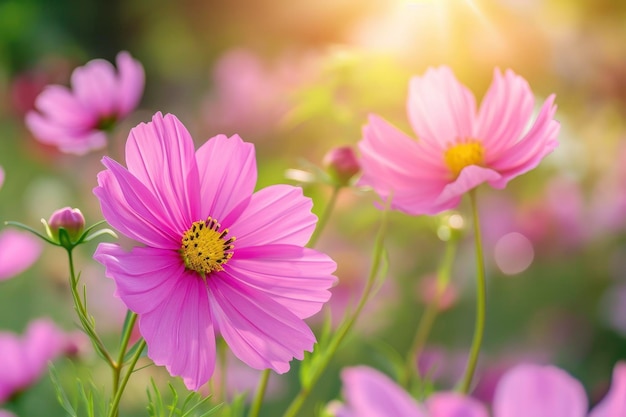 Mooi roze kosmos bloemenveld in de tuin met wazige achtergrond en zacht zonlicht