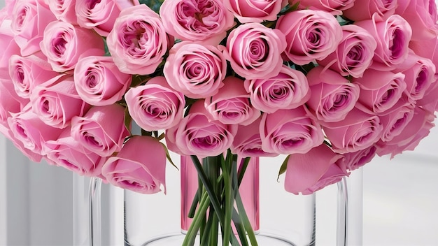 Mooi roze rozenboeket in een glazen vaas copyspace