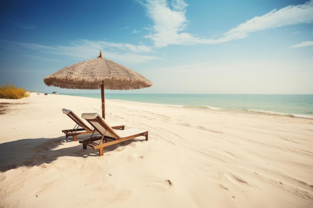 Mooi rustig wit zandstrand met strandstoel twee en met stro bedekte paraplu dichtbij palm