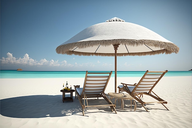 Mooi rustig wit zandstrand met twee strandstoelen en rieten paraplu romantische zomervakantie op tropisch privé-eiland voor luxe badplaats reclameachtergrond