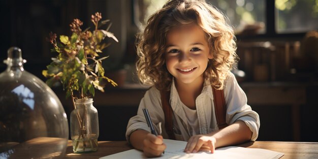 Foto mooi schoolmeisje dat huiswerk bestudeert tijdens haar online les thuis online onderwijsconcept thuisschooler online school terug naar school