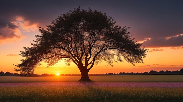 Foto mooi schot van een boom in een veld bij zonsondergang