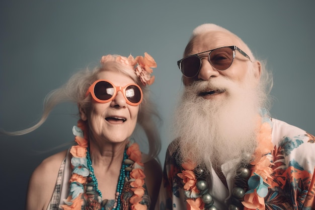 Mooi seniorenpaar Lachende oude mensen met trendy kleding Gelukkig pensioen Positief ouder worden Gepensioneerden genieten van elkaar Vakantie vakantiestemming Cool senior Portret close-up weergave Generatieve AI