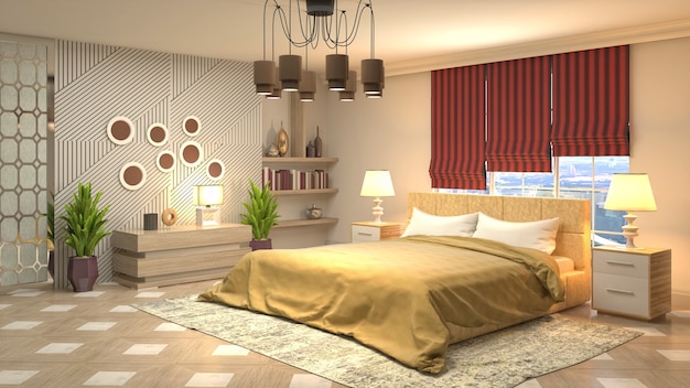 Mooi slaapkamerbinnenland in 3d teruggevende illustratie