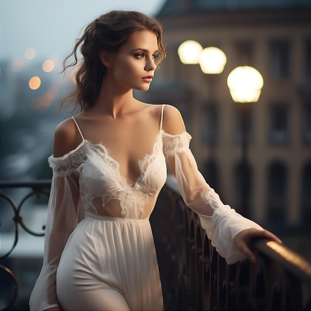 Mooi spectaculair jong vrouwelijk model in een witte jurk.