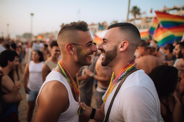 Foto mooi stel viert op het strand bij de lgbtq pride parade in tel aviv israël pride month