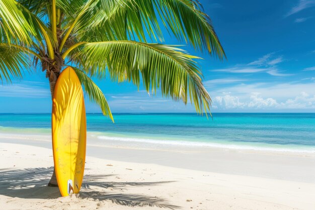 Mooi strand en oceaan of zee achtergrond met een palmboom waaronder er een surfplank