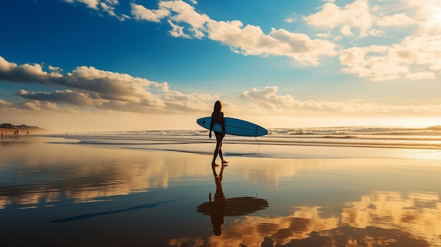 Mooi surfermeisje met surfplank op het strand bij zonsondergang