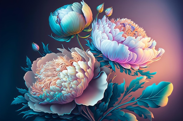 Mooi surrealistisch pioenenboeket Iriserende bloemen Generatieve AI-illustratie