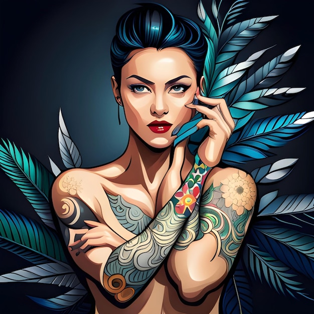 mooi tattoo-ontwerp met bloemen, bladeren en damesgezicht