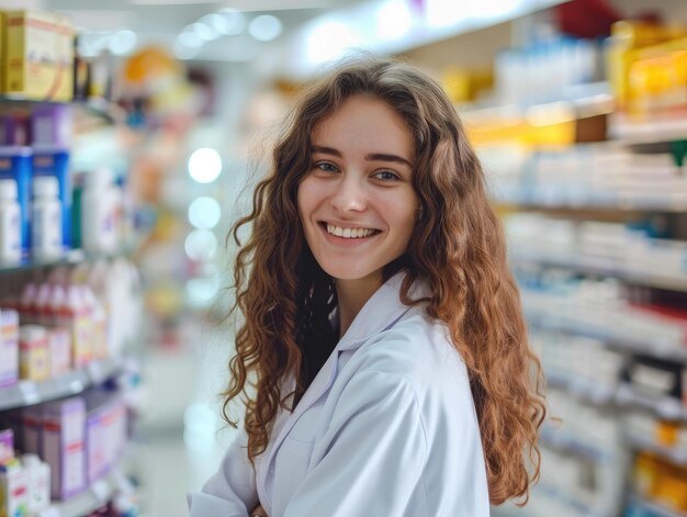 Mooi tevreden meisje apotheker in een apotheek