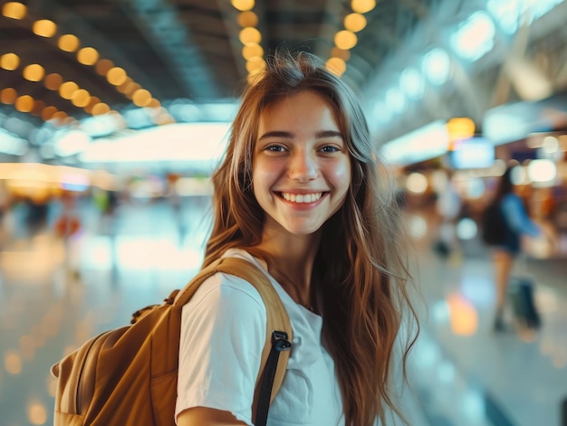 Mooi tevreden meisje toerist op de luchthaven