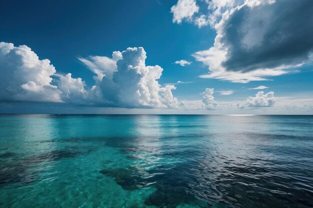 Mooi tropisch leeg strand zee oceaan met witte wolken op blauwe achtergrond