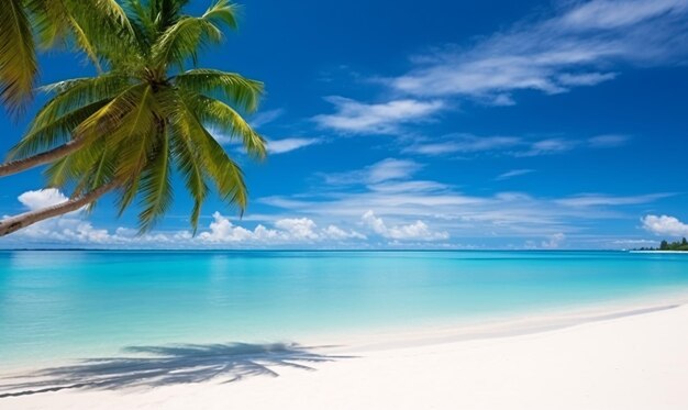 Mooi tropisch strand met wit zand turquoise oceaan op de achtergrond blauwe hemel met wolken op de zon