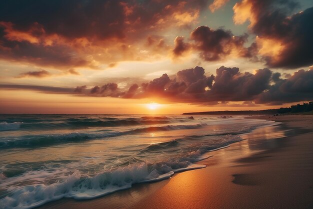 Mooi tropisch strand zee en oceaan met kokospalmboom bij zonsopgang