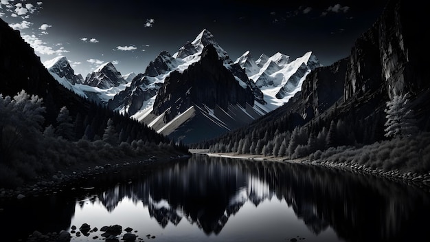 Mooi uitzicht op berg en rivier's nachts achtergrond Generatieve AI