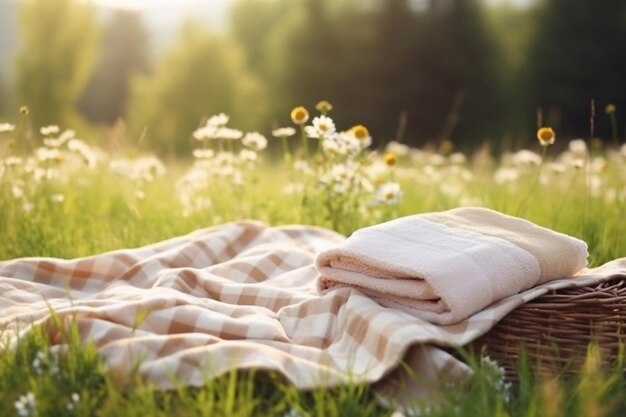 Mooi uitzicht op een picknick deken met een lege mand op een weide in de natuur