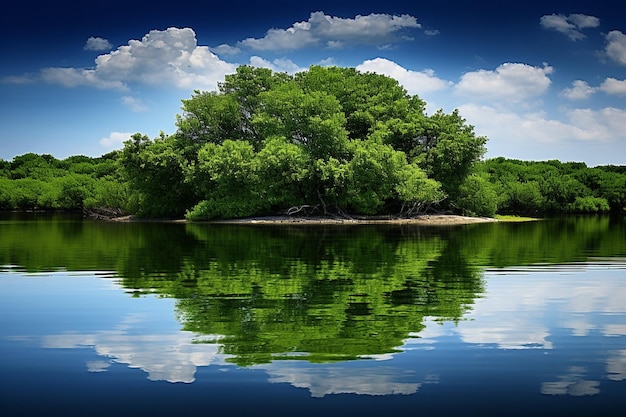 Mooi uitzicht op een vijver die de groene bomen op de oever weerspiegelt.