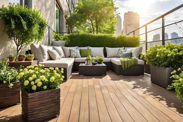 Foto mooi van modern terras met houten dek vloer en hek groene potbloemen planten