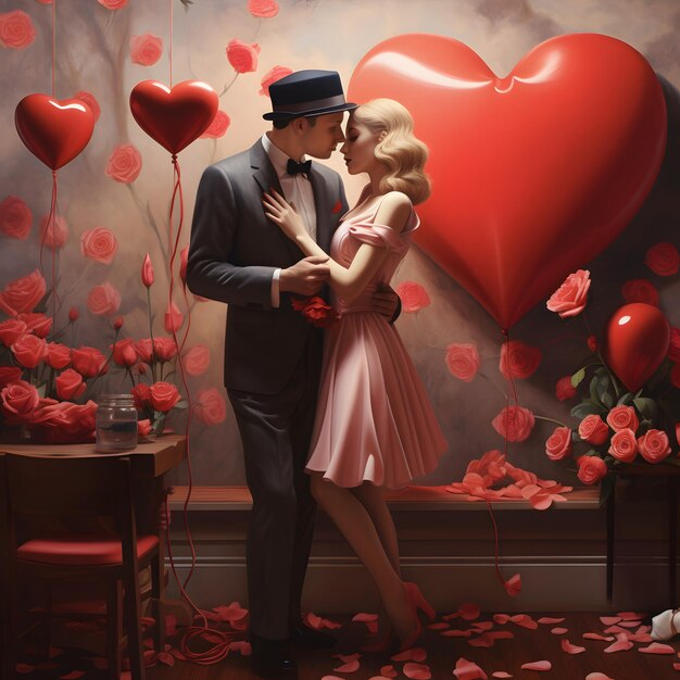 Foto mooi verliefd stel in het interieur van de kamer met rode harten