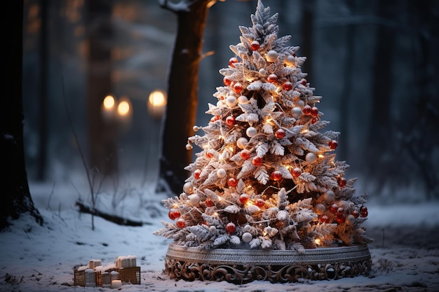 Mooi versierde kerstboom in een besneeuwd winterbos