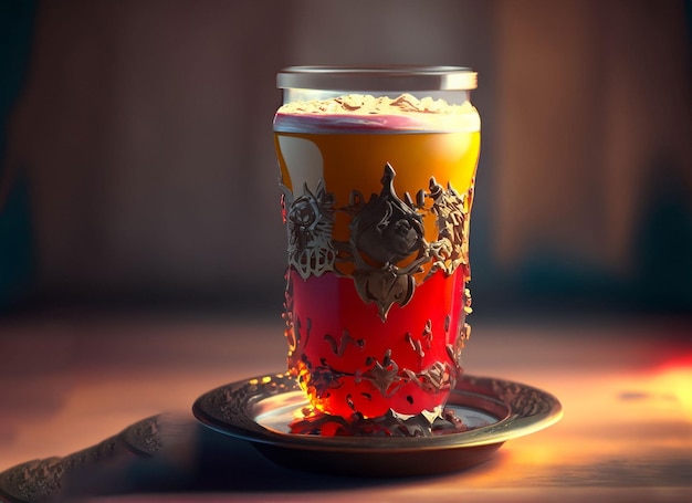 Mooi versierde traditionele glazen gevuld met sap op een houten tafel