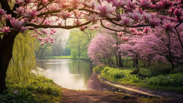 Mooi voorjaarslandschap met bloeiende bomen in het park