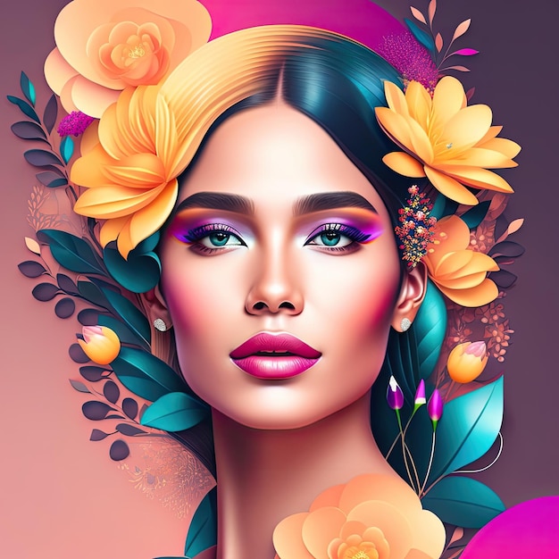 Mooi vrouwelijk gezicht en bloemen Illustratie met kopieerruimte voor internationale vrouwendag Vier
