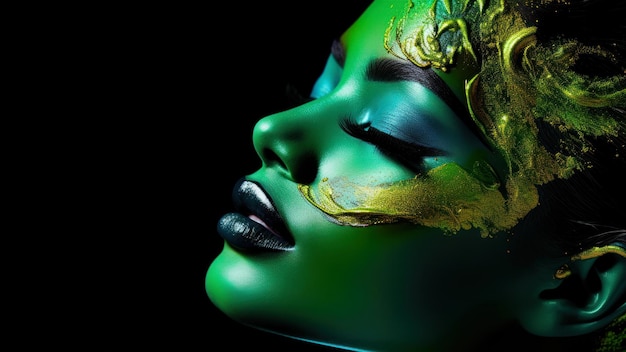 Mooi vrouwelijk gezicht met groene en gouden make-up op zwarte achtergrond