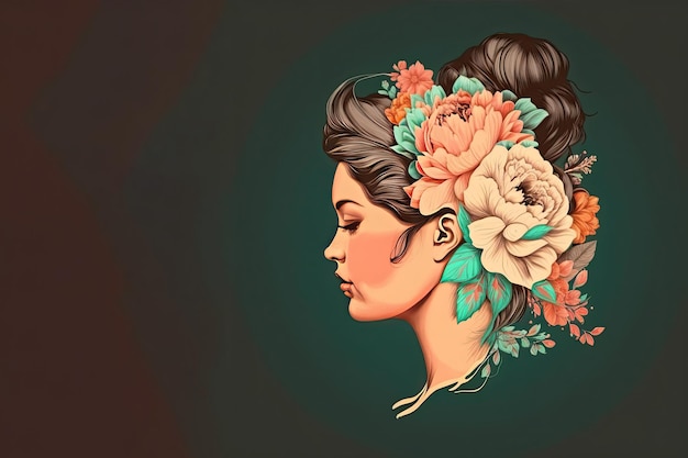 Mooi vrouwelijk profiel Mooie vrouw met een schattig kapsel met bloemen op donkere achtergrond Generatieve AI