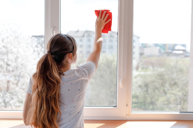 Mooi vrouwen schoonmakend venster thuis